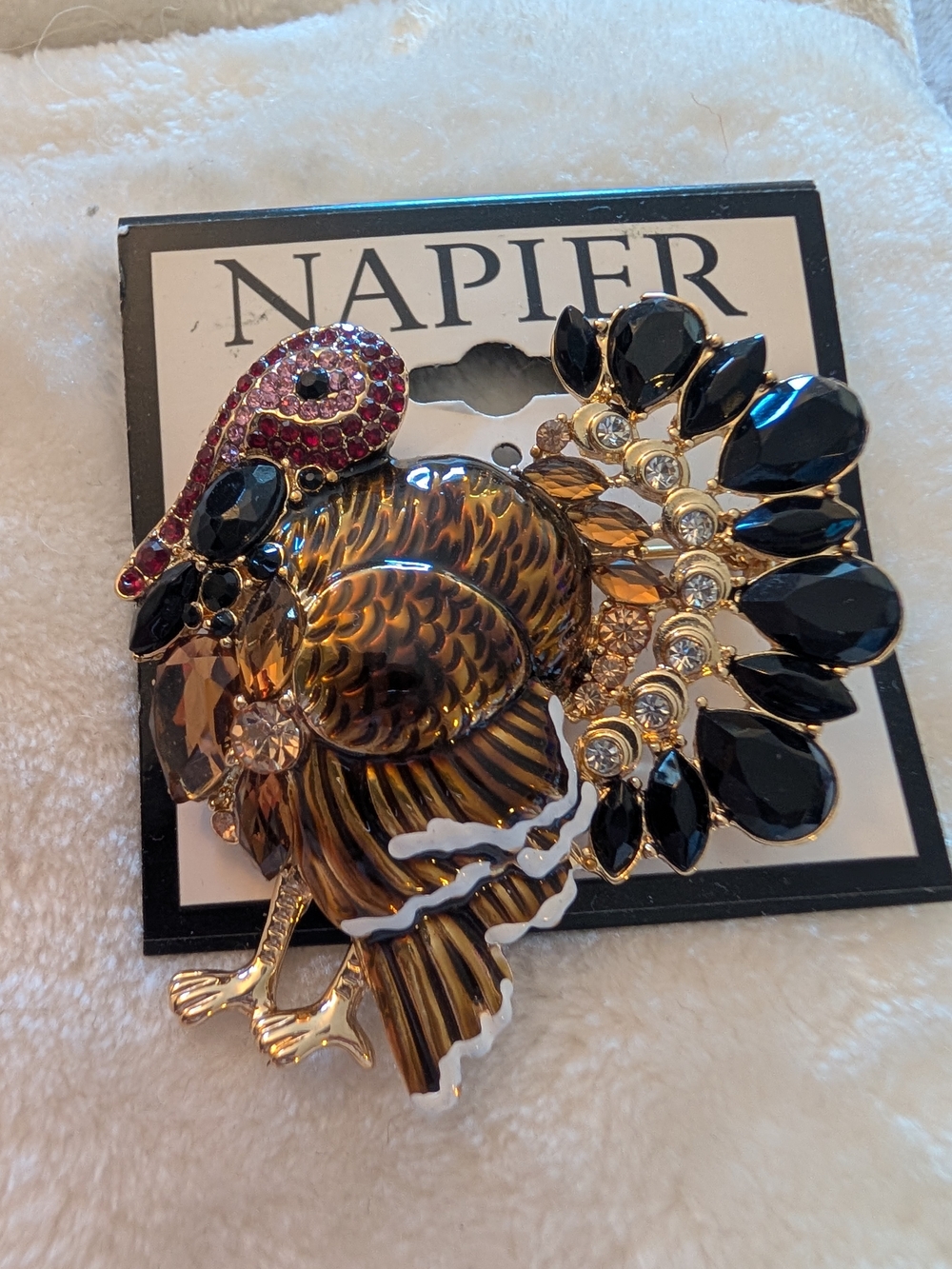NWT Vintage Napier Thanksgiving Turkey Brooch Gold Tone Enamel Rhinestone NOS